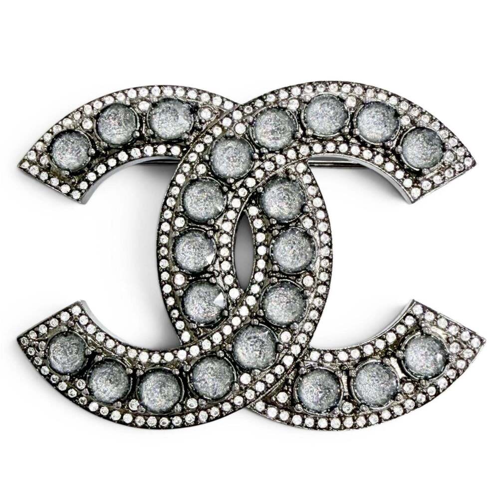CHANEL C23B Coco Mark Rhinestone Gunmetal Brooch, Silver, Made in France, Wom...